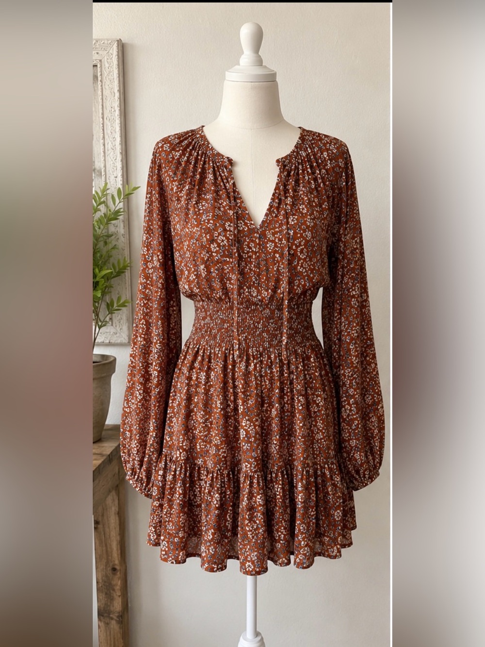 Faherty Rust Floral Long Sleeve Mini Dress Boho Prairie Cottagecore M